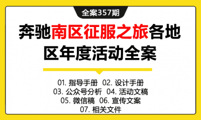 全案357期 汽车品牌奔驰南区征服之旅各地区年度活动全案（包含指导手册+设计手册+公众号分析+活动文稿+微信稿+宣传文案+相关文件）