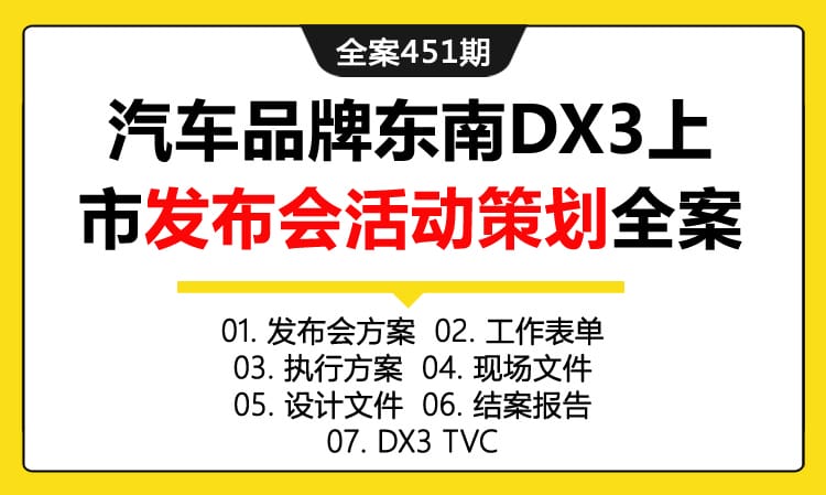 全案451期 汽车品牌东南DX3上市发布会及车展活动策划全案（包含发布会方案+工作表单+执行方案+现场文件 +设计文件 +结案报告 +DX3 TVC）