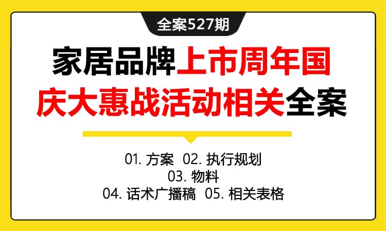 全案527期 某家家居品牌上市周年国庆大惠战活动相关全案（包含方案 +执行规划+物料+话术广播稿+相关表格）