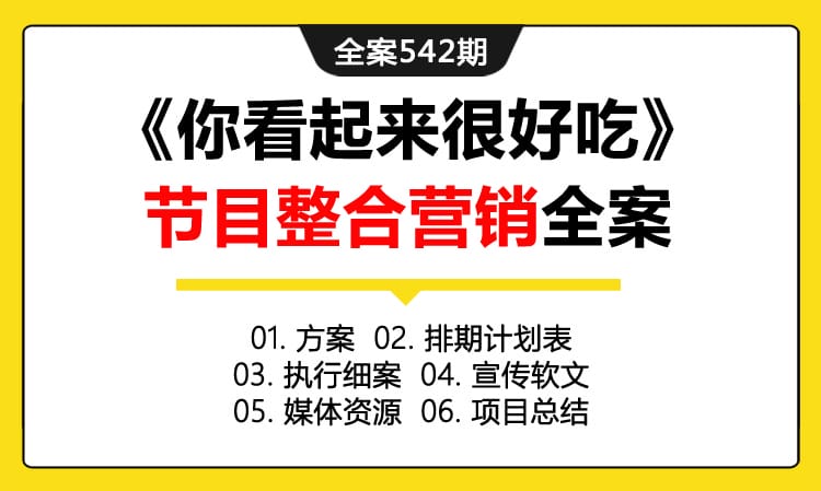 全案542期 美食综艺脱口秀《你看起来很好吃》节目整合营销全案（包含方案 +排期计划表+执行细案+宣传软文+媒体资源+项目总结）