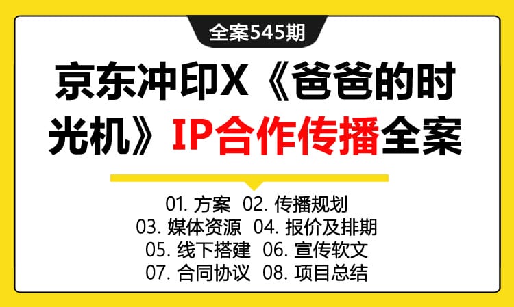 全案545期 电商品牌京东冲印X《爸爸的时光机》舞台剧IP合作传播执行全案（包含方案+传播规划+媒体资源+报价及排期+线下搭建 +宣传软文+合同协议+项目总结）